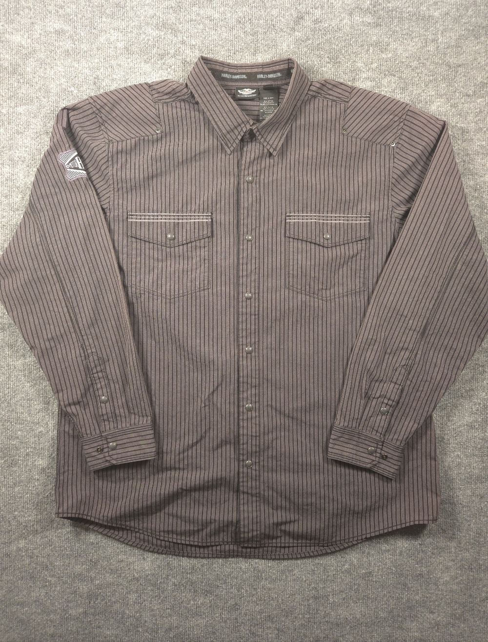 Harley-Davidson Mens 2XL Black GrayPinstripe Snap Button Down Shirt Long Sleeve‎